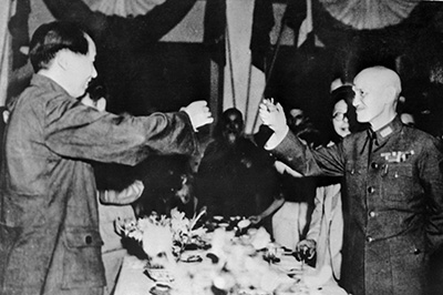 Mao Zedong and Chiang Kai-shek celebrate their 1935 collaboration against the Japanese. 